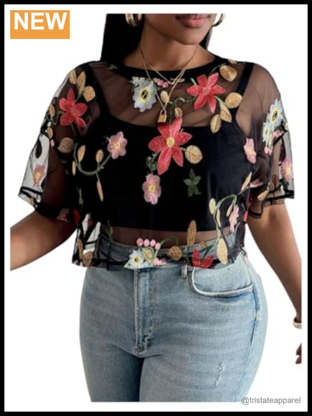 Sheer Floral Embroidered Mesh Crop Top Boho Blouse Short Sleeve Crew Neck